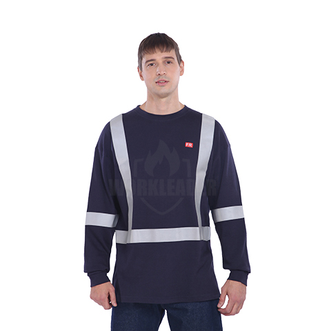 Flame Resistant Cotton Knit LS T-Shirt, Navy With Reflective Tape S2102R